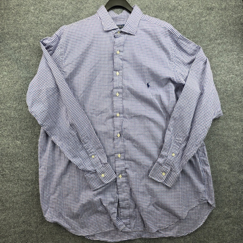 Polo Ralph Lauren Mens 2XLT‎ Gingham Button Down Shirt Blue White Long Sleeve